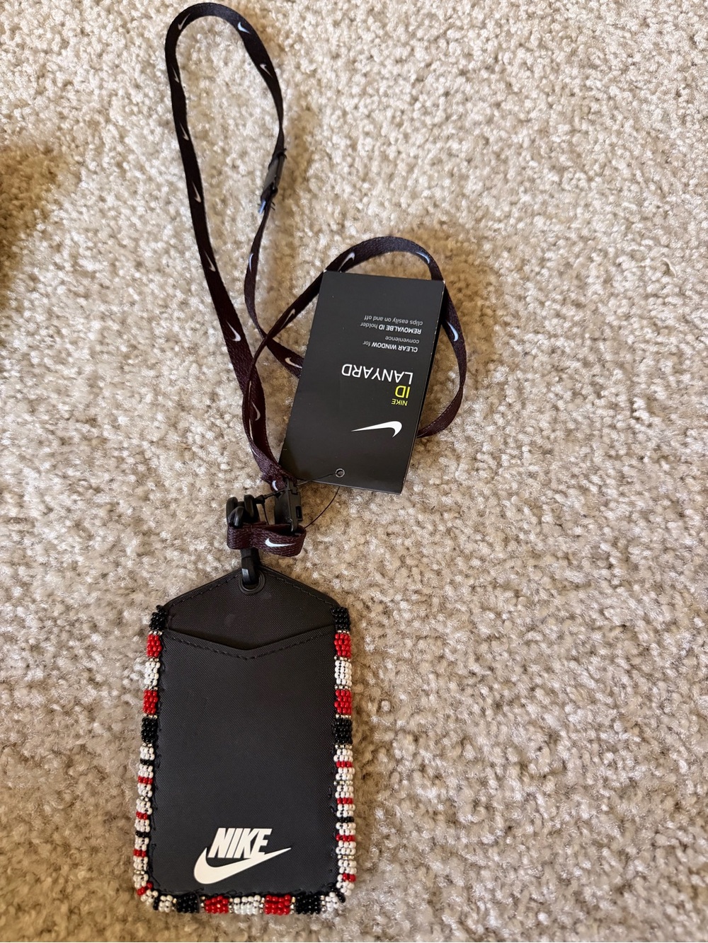 Nike Black Lanyard ID Holder with Red, White & Black Beaded Trim